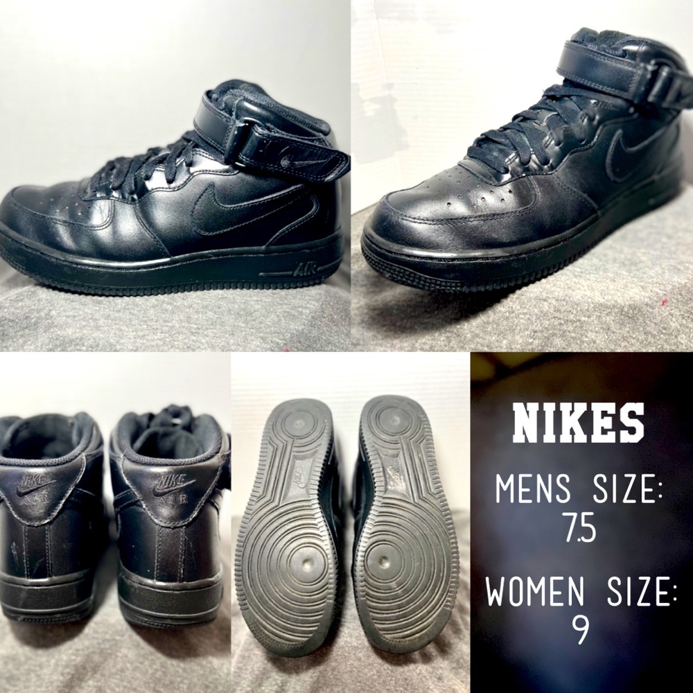 All Black Air Force 1 Leather High Tops Men’s Size 7.5 Women’s Size 9 ✨
